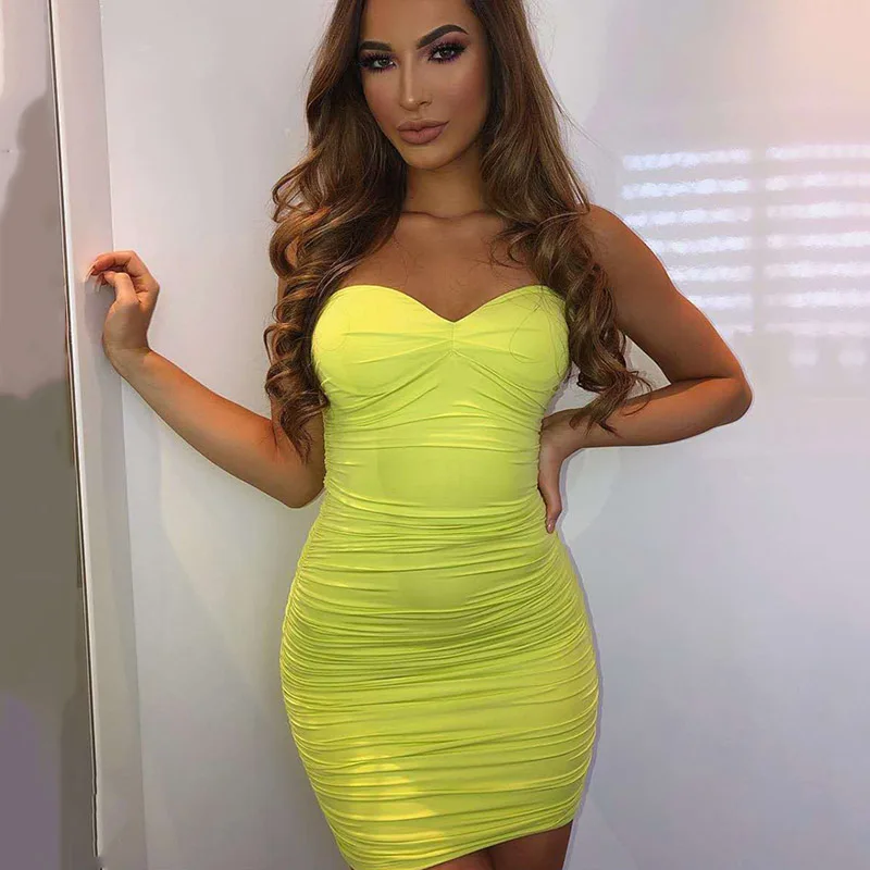 Женское платье с рюшами без бретелей Articat, белое повседневное/вечернее короткое платье в обтяжку со складками на тонких бретельках, на лето