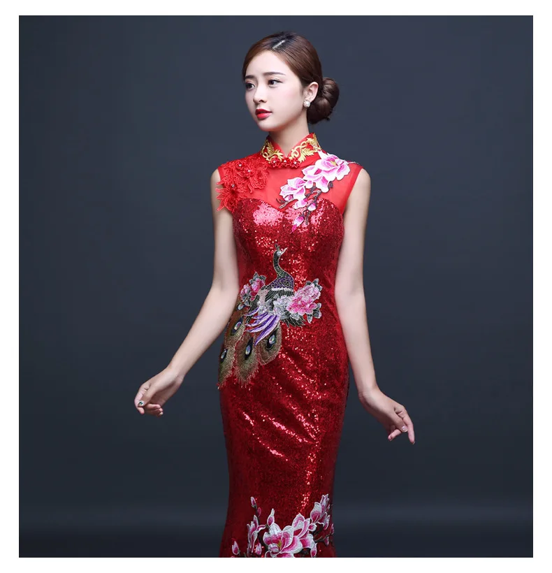Red Chinese Wedding Dress Female Long Cheongsam Gold Slim Chinese Traditional Dress Women Qipao for Wedding Party embroidery