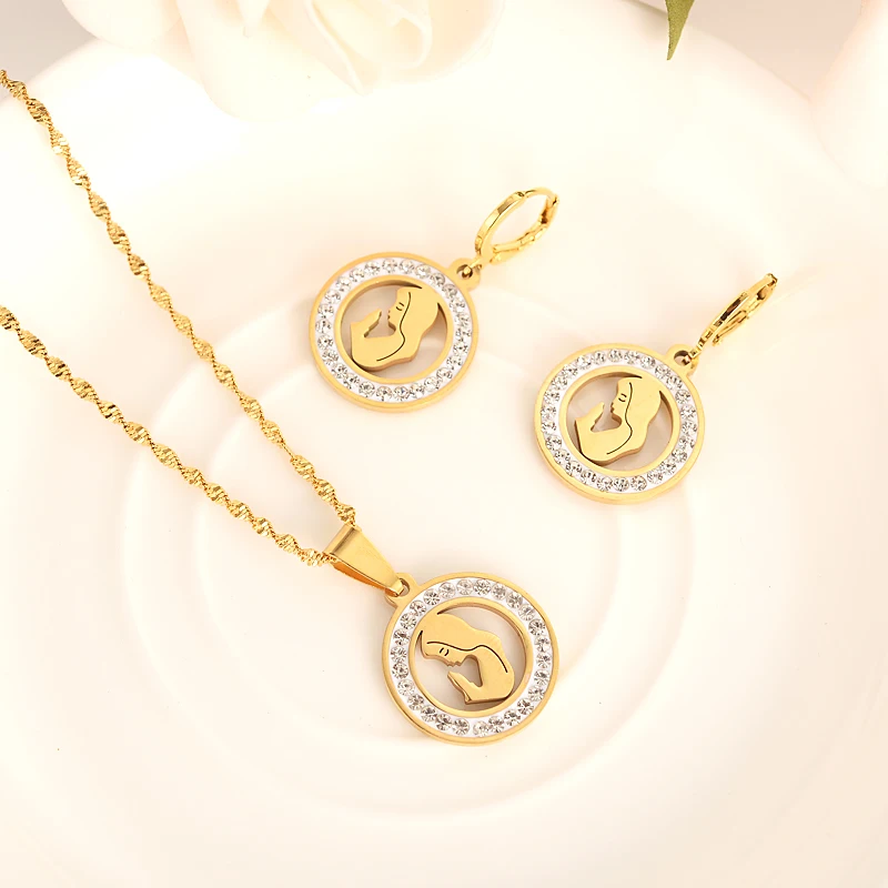 

Gold Virgin Mary religions Jewelry Set Our Lady Men party cz rainstoneJewelry sweater Pendant earring Set for women girls gift