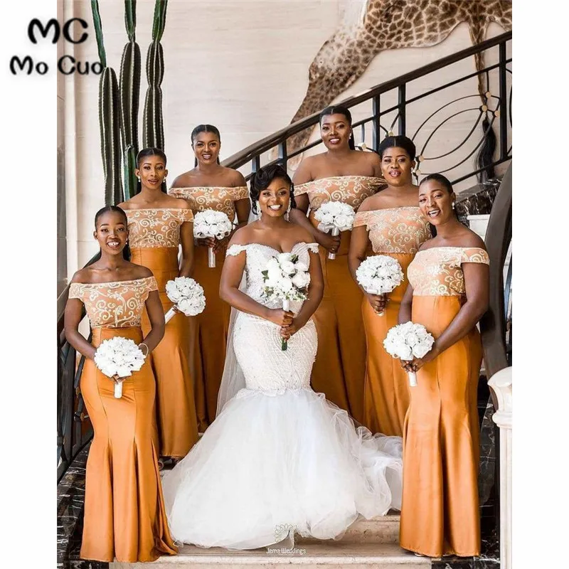 

African Mermaid Bridesmaid Dress Wedding Party Dress Maid of Honor Short Sleeve Lace Off Shoulder Bridesmaid Dresses Ready Ship