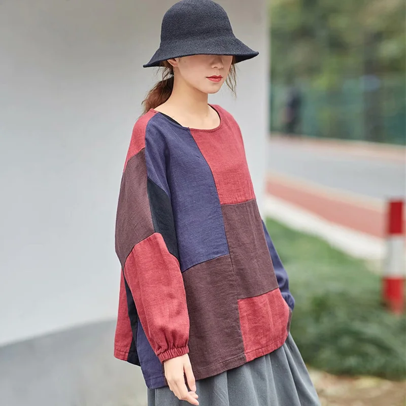SCUWLINEN 2019 Для женщин Демисезонный Повседневное Топы Винтаж плед лоскутное