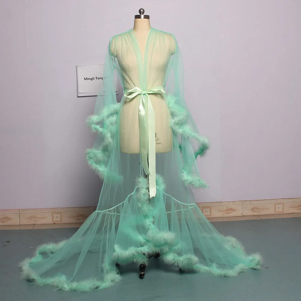 Mint Green Mingli Tengda, свадебное платье, фиолетовое перо, свадебное Прозрачное платье, тюль, иллюзия, длинное свадебное платье для вечеринки, пуховое платье, костюм, плащ - Цвет: Mint Green