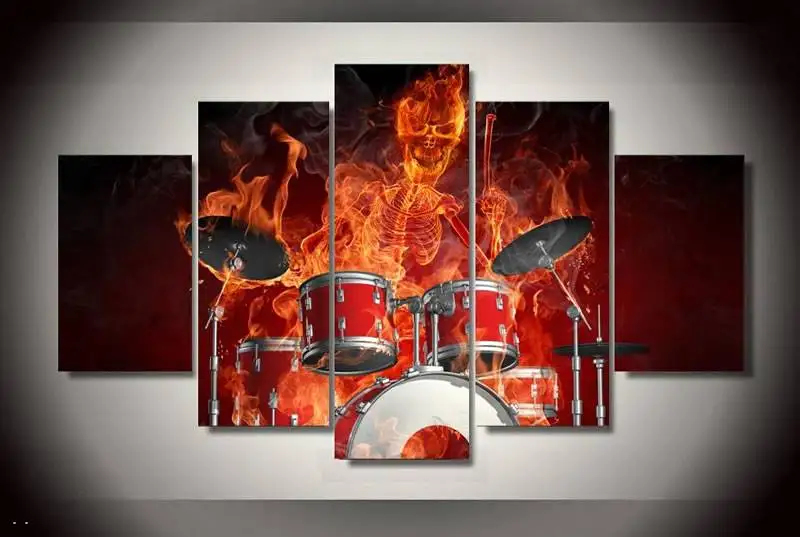Hd Печатный Пламя Череп барабан групповая картина холст печать декор комнаты