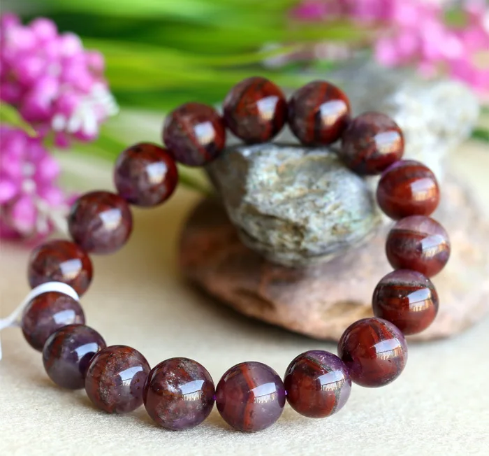 

Natural Genuine Purple Red Crystal Auralite Super-23 Finish Stretch Men Bracelet Round Beads 6-16mm