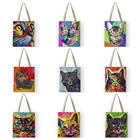 Красочные дизайнерские сумки с рисунком масляной кошки, женская сумка 2019, двухсторонние холщовые сумки с рисунком кошки, хозяйственные сумки AKB01006