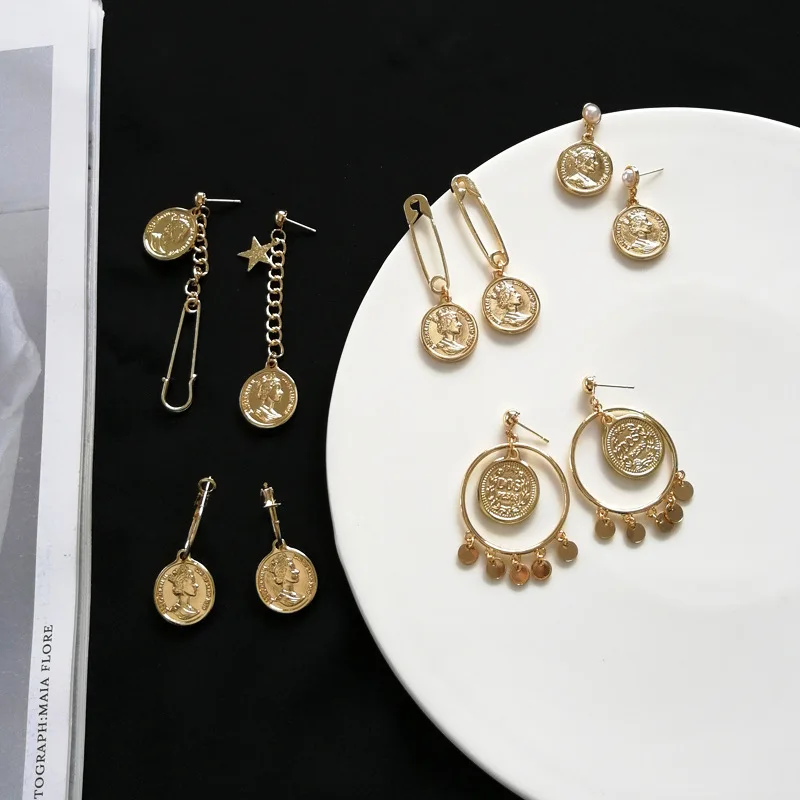 Винтажные геометрические круглые серьги-подвески в виде короны монет твердые