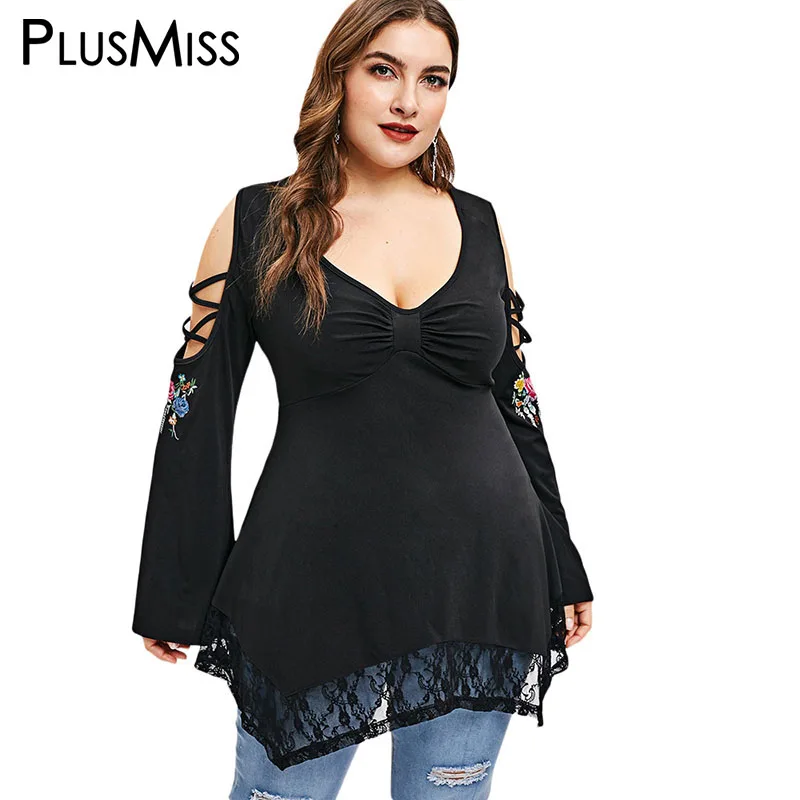 PlusMiss размера плюс XXXXXL на шнуровке с вырезами плечах кружевной длинная блуза Для