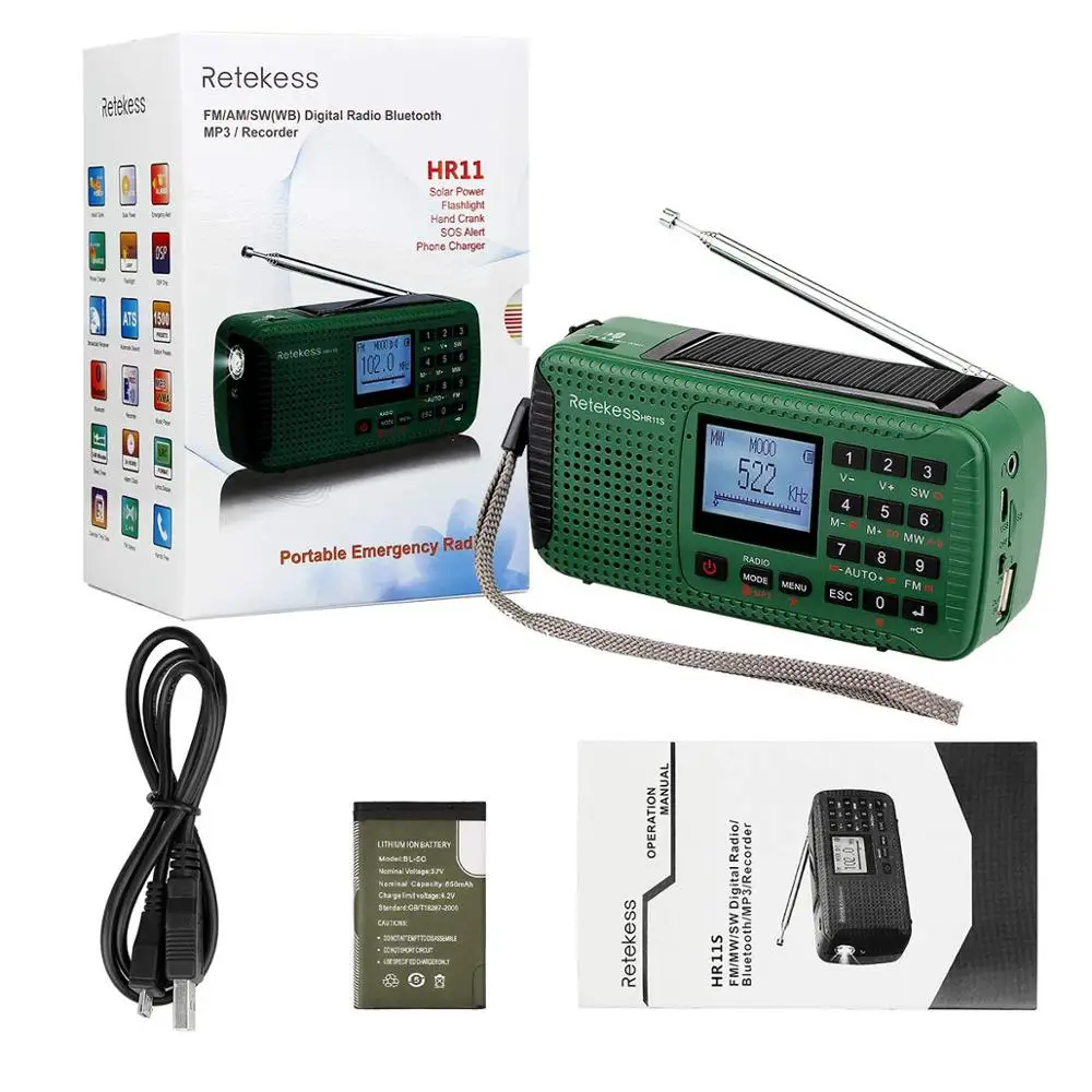 Retekess HR11S цифровой рекордер портативный FM/MW/SW ручной Солнечный аварийный сигнал радиостанции Bluetooth музыкальный плеер F9208G