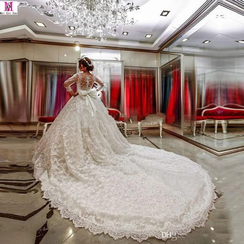 Romantic Ball Gown Lace Long Sleeve Wedding Dresses 2017 Applique Vestido De Novia Chapel Train Floor Length Robe Mariage | Свадьбы и