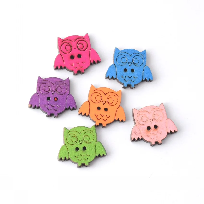 Бесплатная доставка, розница, 10 шт., разные цвета, 2 отверстия, цветные, Мультяшные, в виде совы, в форме животных, деревянные, Швейные Кнопки, скрапбукинг, 25x21мм