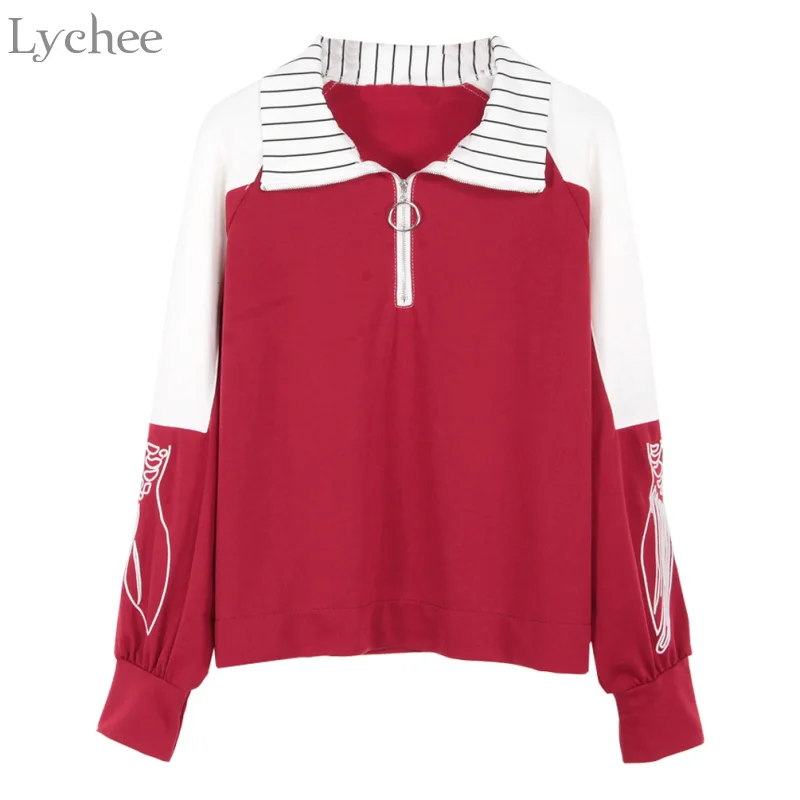 Lychee осень-зима Женская толстовка в полоску с вышивкой и отложным воротником