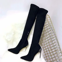 new fashion black thigh high overknee boots women pointed sexy stilettos elastic sock waist bootcuts metal high heel shoes woman