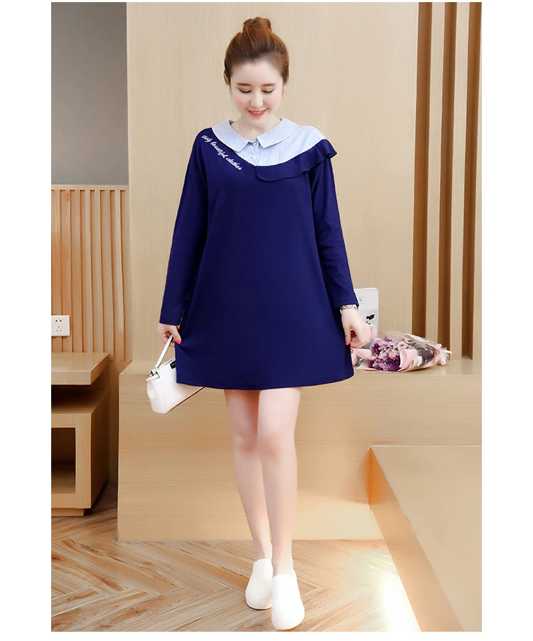 Clobee 2017 осень-зима свободные полосатые отложным воротником лоскутное платье для