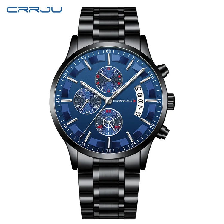 S black black blue Мужские часы CRRJU Топ бренд водонепроницаемые спортивные часы с хронографом мужские повседневные кварцевые часы из нержавеющей стали Relogio Masculino - Цвет: S black black blue