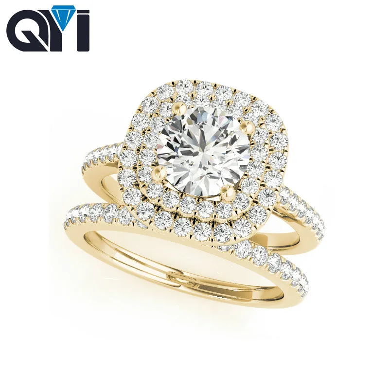 14K Yellow Gold Double Halo Engagement Ring Sets Round 1 Carat Moissanite Diamond Women Wedding Ring Customized Jewelry