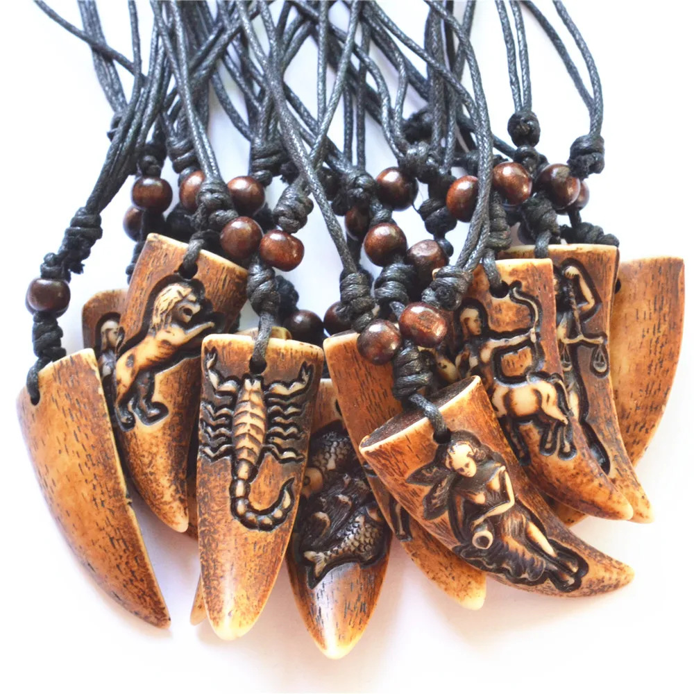 Коричневая имитация кости яка Резные 12 знаков зодиака созвездия подвески