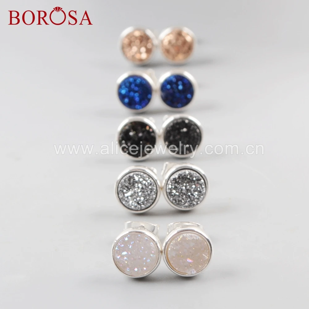 BOROSA 5 пар Новинка 9 мм Круглые Серьги серебряного цвета цвет титан Радужная Друза s