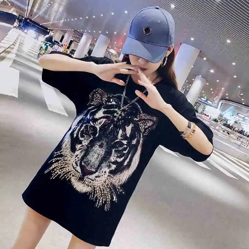 Летняя женская одежда уличная Блестящая футболка с принтом тигра Женская