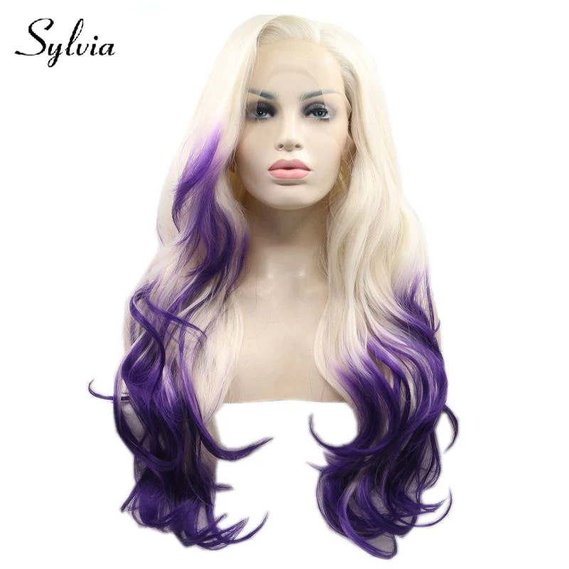 

Sylvia Platinum Blonde with Purple Tips Ombre Body Wave Synthetic Lace Front Wigs Side Parting Heat Resistant Fiber hair