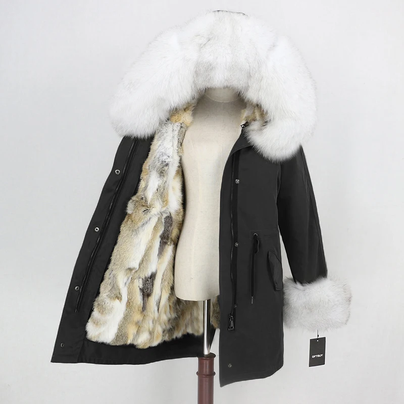black white OFTBUY, зимняя куртка для женщин, натуральный мех, пальто, водонепроницаемая парка, натуральный Лисий мех, воротник, манжеты, мех кролика, подкладка, верхняя одежда, съемная, Новинка - Цвет: black white