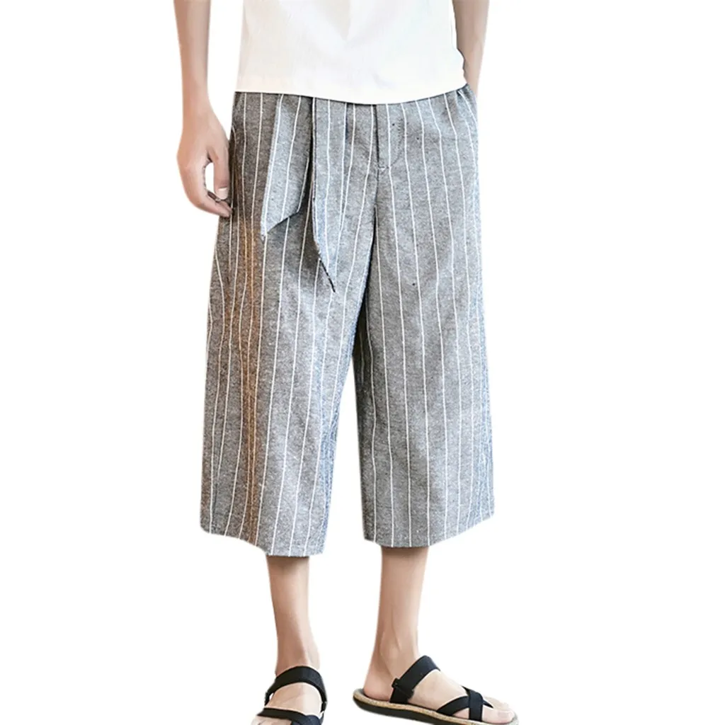 Gray KLV, мужские летние брюки, мужская мода, повседневные, в полоску, на шнурке, хлопок, лен, 3/4, брюки, укороченные, сезон, высокое качество, 9501 - Цвет: Gray