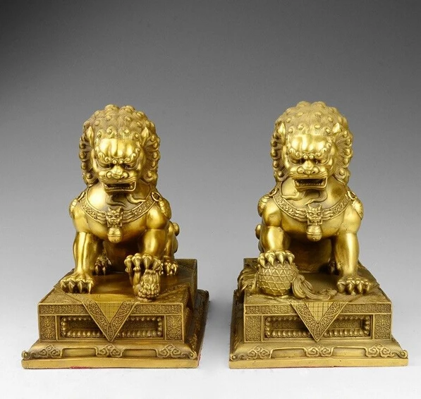 10 китайская латунная медная Fengshui Fu Foo Fog Lion Guardian Palace дверь Статуя Пара|statue lion|statue