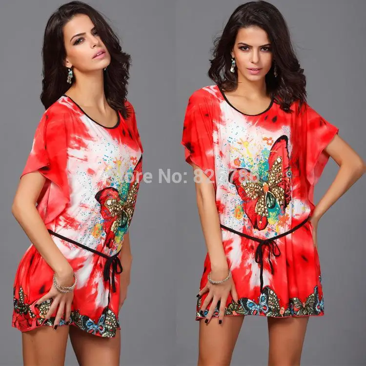 New bohemian summer women dress fashion butterfly printed milk silk causal lady batwing sleeve plus size loose beach | Женская одежда