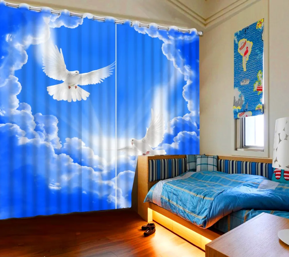 

curtains Blue sky, white dove, white pigeon for living room bedroom Hotel high quality 3d curtains for Window wall