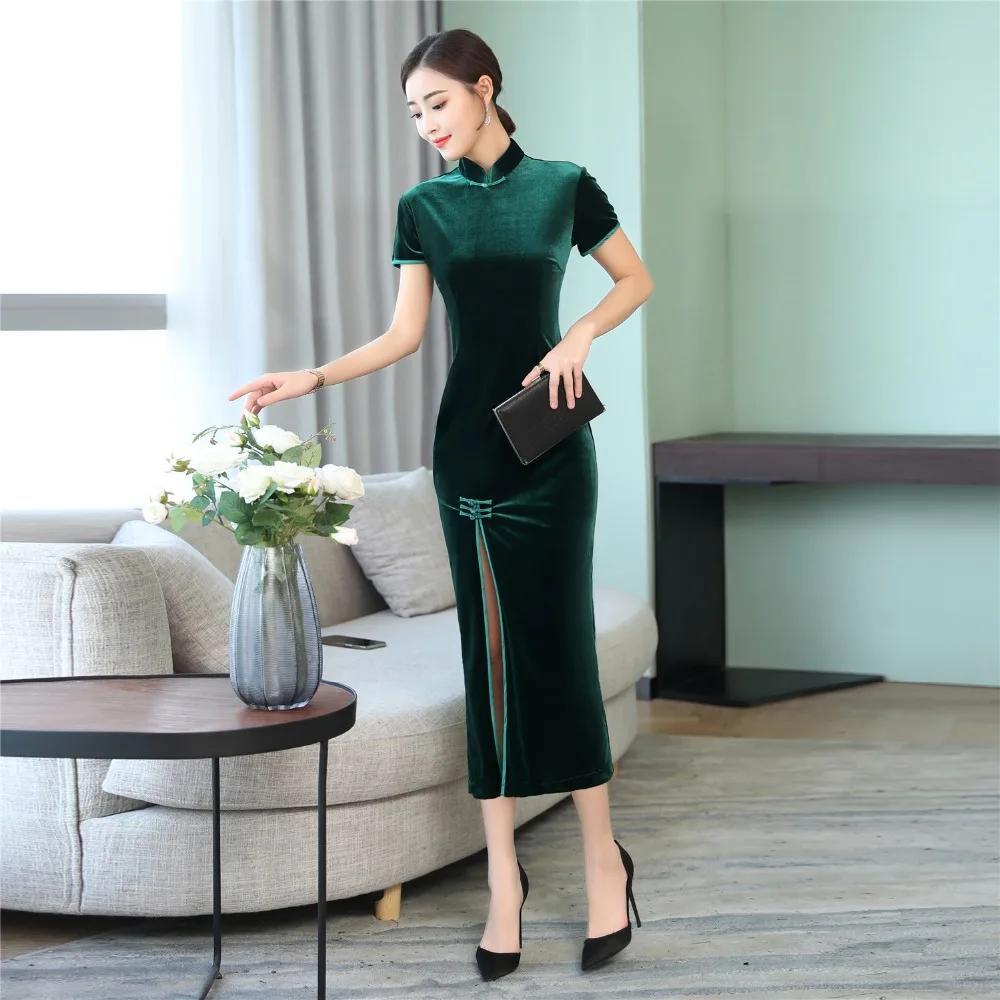 Китайское традиционное длинное платье Чонсам с коротким рукавом из бархата Qipao, китайское женское платье, 4 цвета