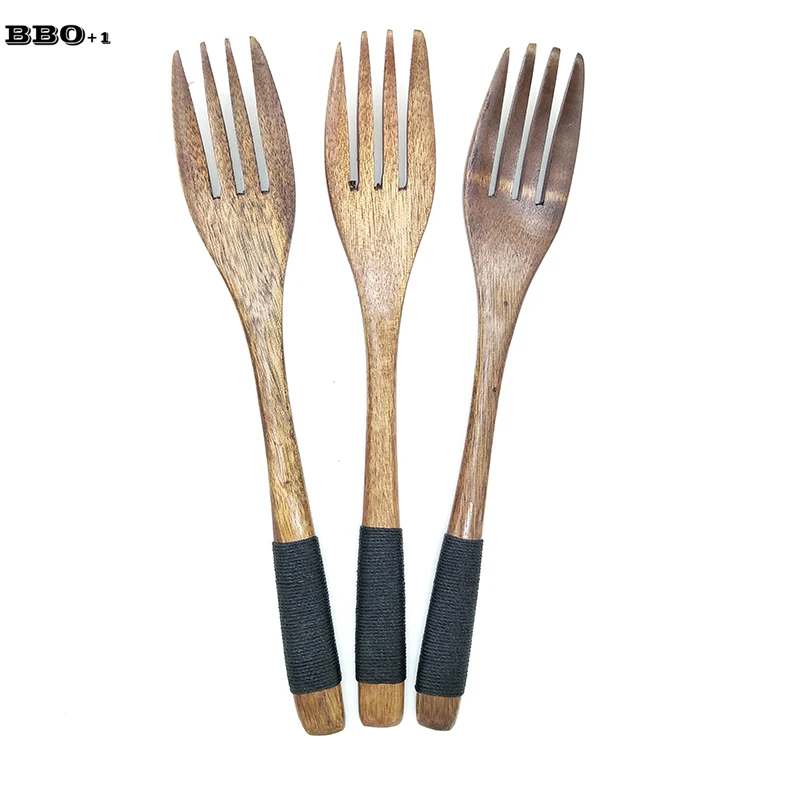 

3 pcs Japan Handmade Handle Wooden Fruit Forks 4-Tooth Dessert Natural Wood Dinner Fork Kitchen Tool