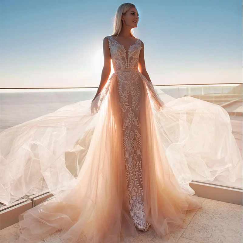 Женское свадебное платье русалка без рукавов с v образным вырезом кружевной