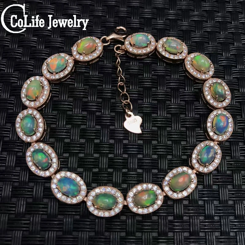 Классический Серебряный браслет с опалом, 7.5ct, 15 шт., натуральный опал, браслет с драгоценным камнем, твердый браслет из стерлингового серебра 925 пробы, роскошный подарок для девочки