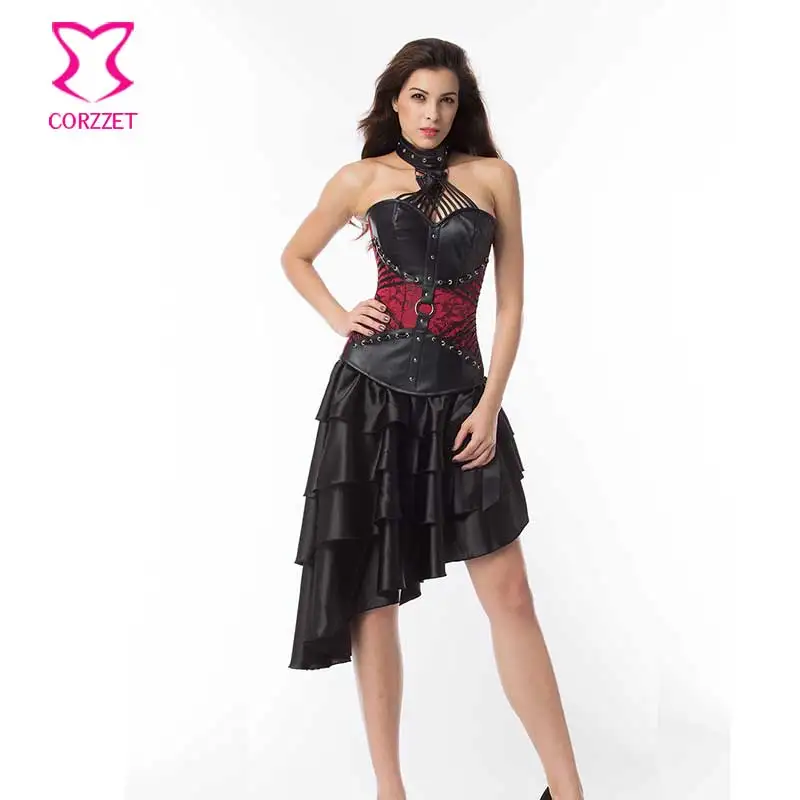 Женский винтажный корсет Corzzet красный кожаный стальной с завязками через шею