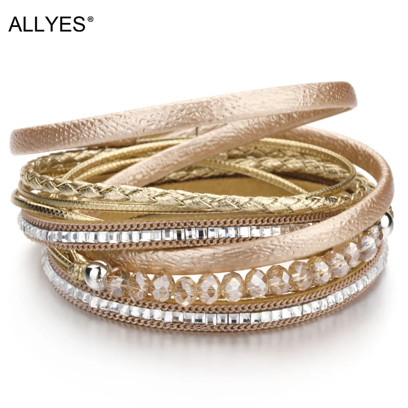 Модный Многослойный кожаный браслет ALLYES в стиле бохо с бусинами из кристаллов