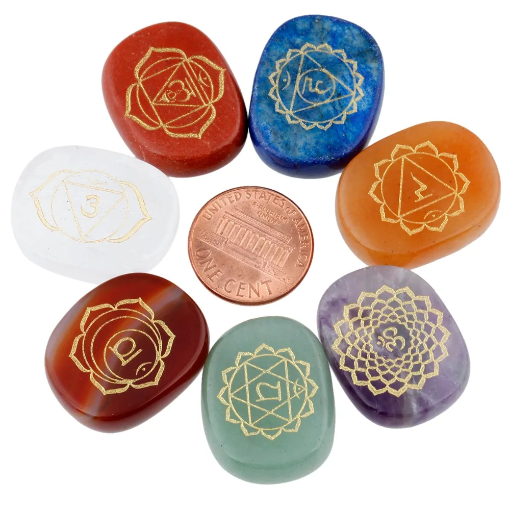 

TUMBEELLUWA 7Pc/Set Healing Crystal 7 Chakra Palm Stone Worry Stone Engraved Symbols Reiki Energy Charged Meditation