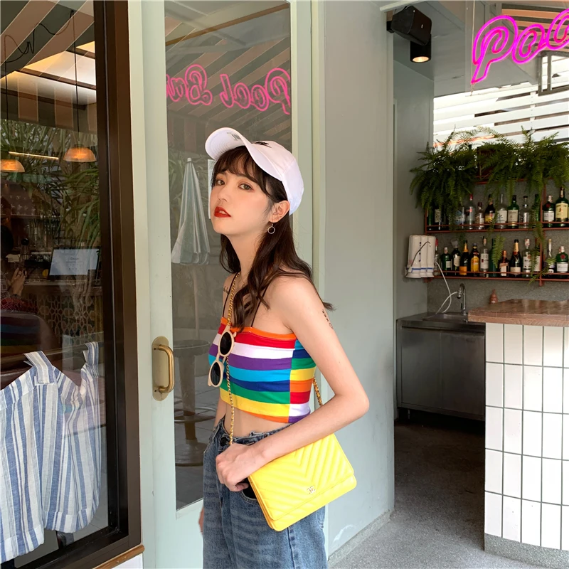 Женские топы в радужную полоску новинка 2019 года летние модные тонкие короткие