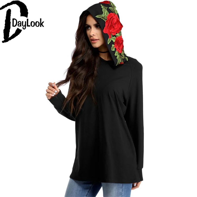 Daylook Chic осень модные женские туфли кофты с длинным рукавом капюшоном черный Blusa Свободные Роза Вышивка
