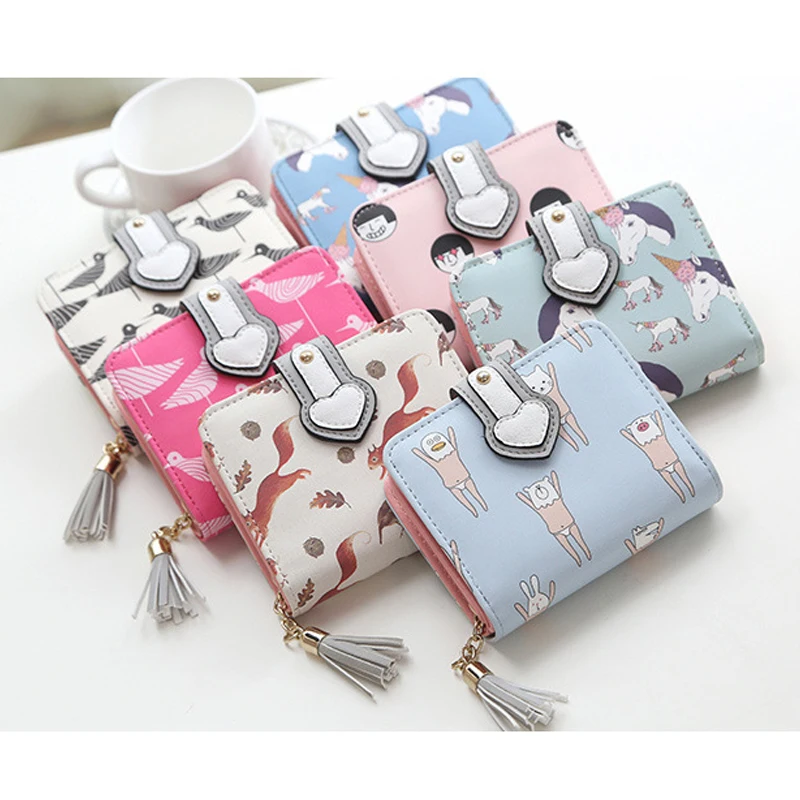 Кожаный мини кошелек с застежкой в три сложения Корейском стиле рисунком кота 2018