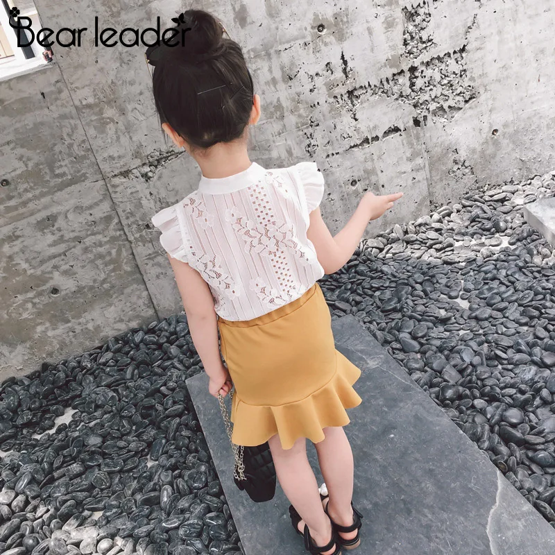 Bear Leader Girls Dress 2021 New Kids Clothing Summer Lace Short-sleeved Top + Lotus Leaf 2pcs suit Children's Clothes Set | Детская