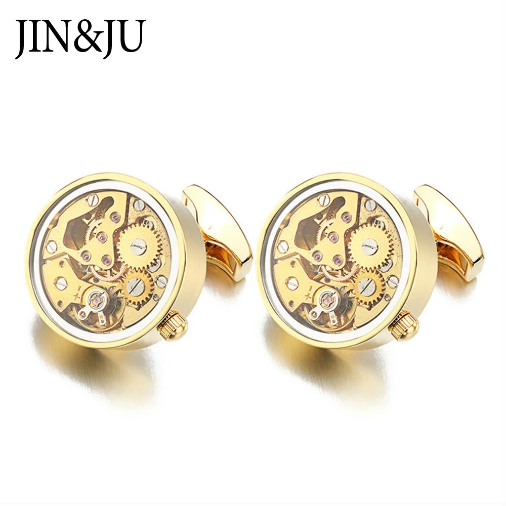 JIN& JU Горячая золотая запонка с часовым механизмом со стеклом из нержавеющей стали стимпанковый механизм часы механизм запонки для мужчин