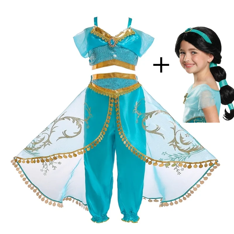 Dress and hair Платье для Танцев Живота для девочек костюм Жасмин маскарадное платье принцессы с лампами Аладдина для девочек, костюм для детей, топ и юбка, штаны, 2 предмета - Цвет: Dress and hair