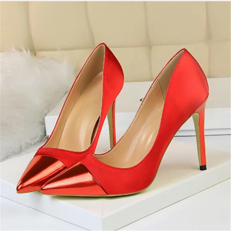 Женские атласные туфли лодочки Tacones на высоком каблуке 10 см синие и зеленые День