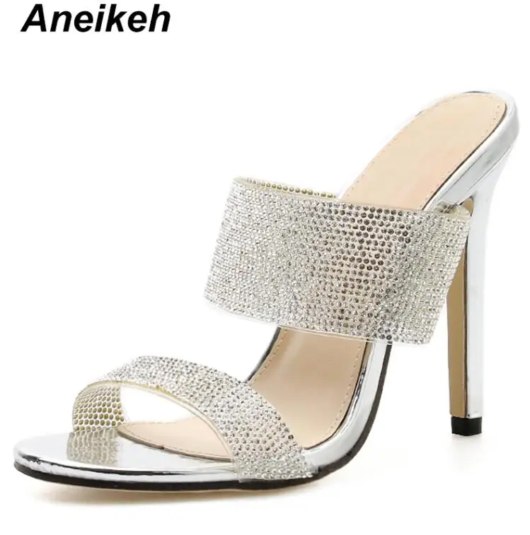 Silver Aneikeh/Новые летние шлепанцы из расшитой блестками ткани на высоком каблуке женские туфли с открытым носком на тонком каблуке, украшенные кристаллами; Шлепанцы из искусственной кожи; Размеры 35-42 - Color: Silver