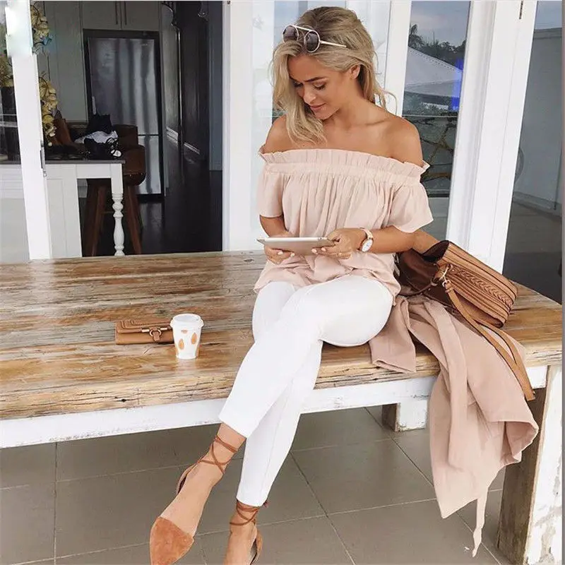 Женская рубашка с открытыми плечами вырезом лодочкой коротким рукавом Boho