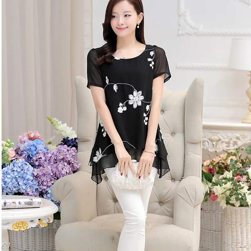 Женская винтажная шифоновая блузка с круглым вырезом и коротким рукавом