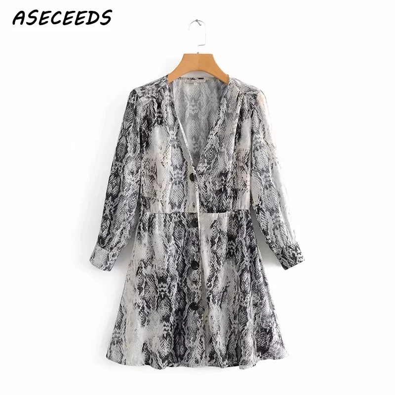Осень 2018 винтажное платье со змеиным принтом женское плюс размер v образный вырез