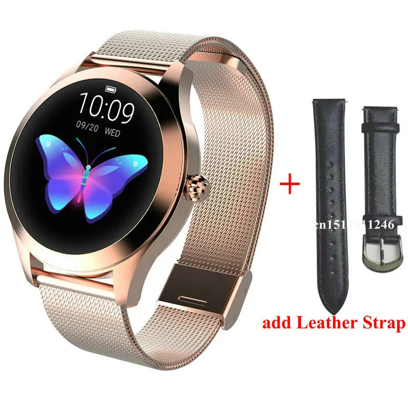 add leather strap KW10 Смарт-часы для женщин IP68 Водонепроницаемый мониторинг сердечного ритма Bluetooth для Android IOS фитнес-браслет умные часы - Цвет: add leather strap