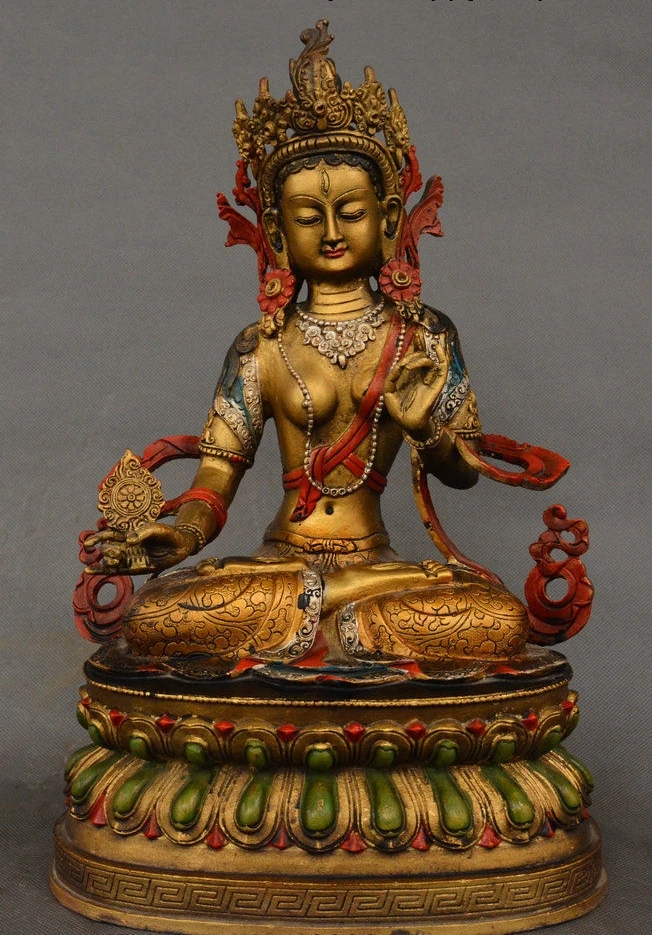 

14" Tibet Bronze Drawing Color 7 eyes White Tara spirit of Compassion God Statue