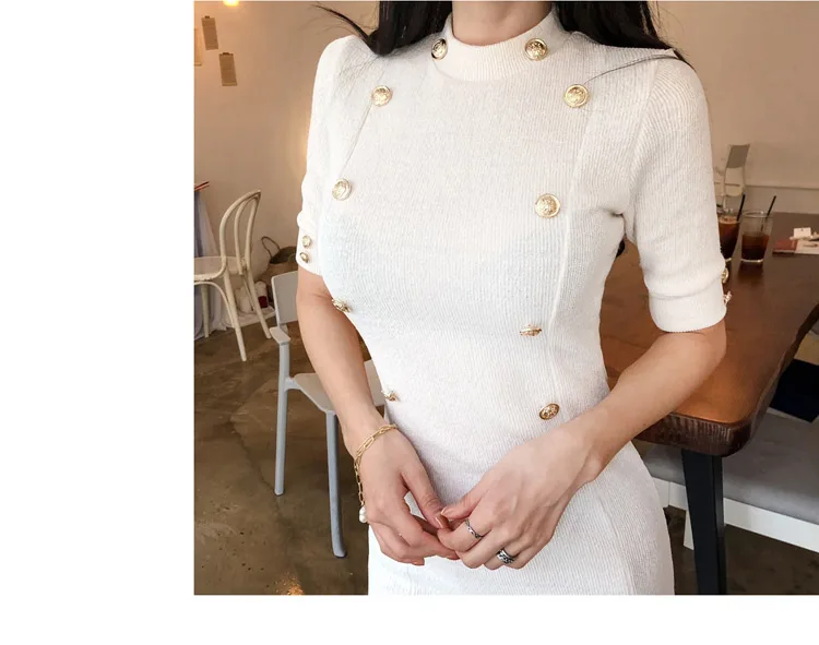 Temperament Lady Dresses Women Spring Design Sexy Bandage Sheath Mini White Knitted Double Button Tunic Sweater Dress 170D
