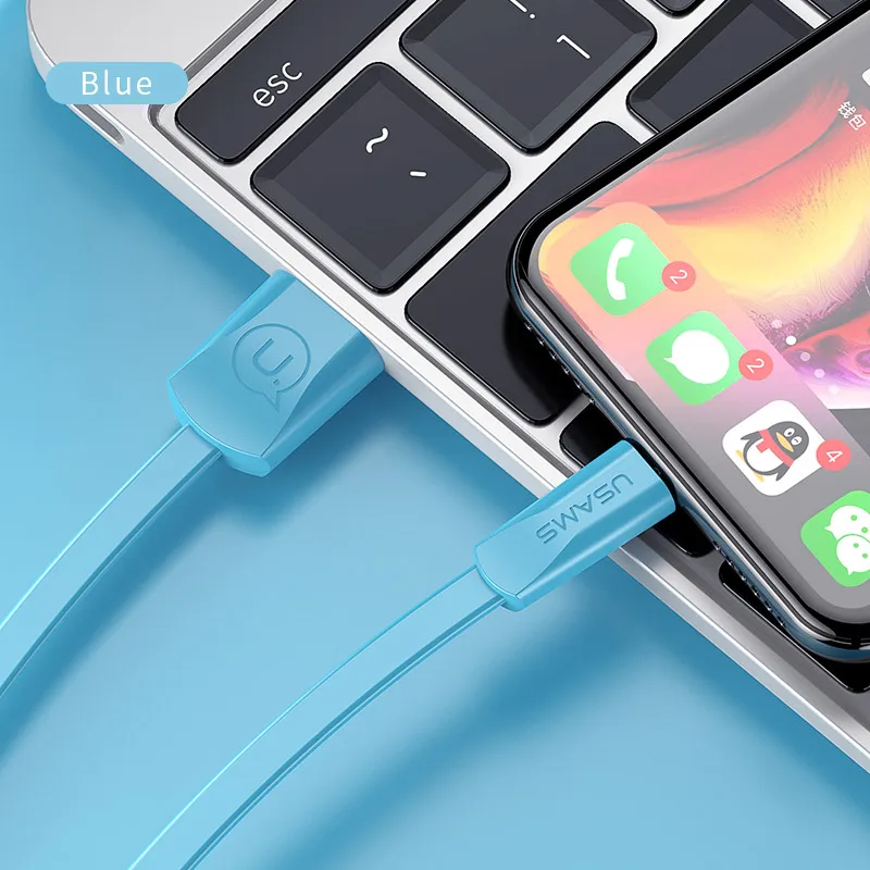 Плоский зарядный кабель для iPhone xs max x 8 7 6 Plus iPad USAMS 0,6 м 1,2 м 2 м 2A кабель передачи данных для быстрой зарядки для iPhone Кабель зарядного устройства - Цвет: Blue